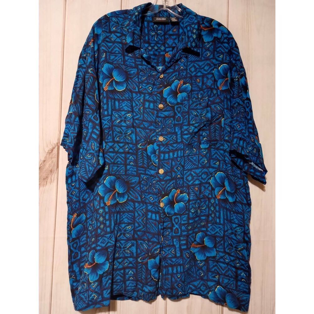 Anchor Blue Shirt Men's 2xl Blue Hibiscus‎ Hawaiian Button Front Short Sleeve